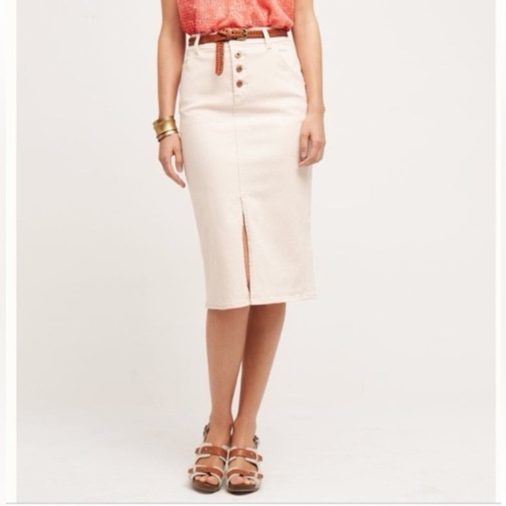 Anthropologie Holding Horses Light Pink Denim Midi Pencil Skirt Size 2 Western